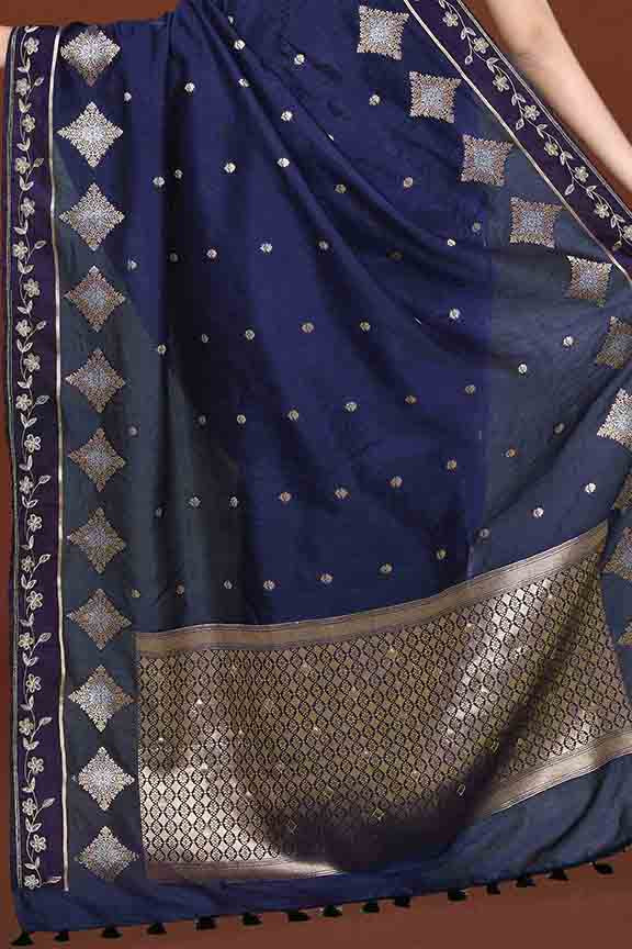 Banarasi soft silk saree with gold and silver zari weaving and cutdana embroidery in border-dark blue
