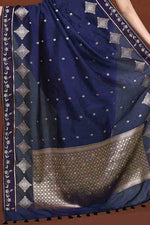 Banarasi soft silk saree with gold and silver zari weaving and cutdana embroidery in border-dark blue