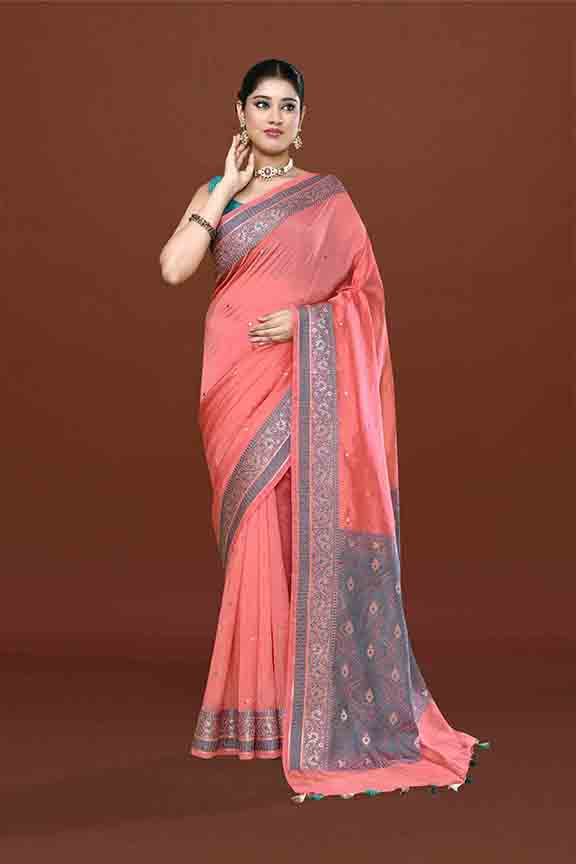 Banarasi soft silk saree with mirror work and dark blue and gold zari woven border and pallu- Dark Peach