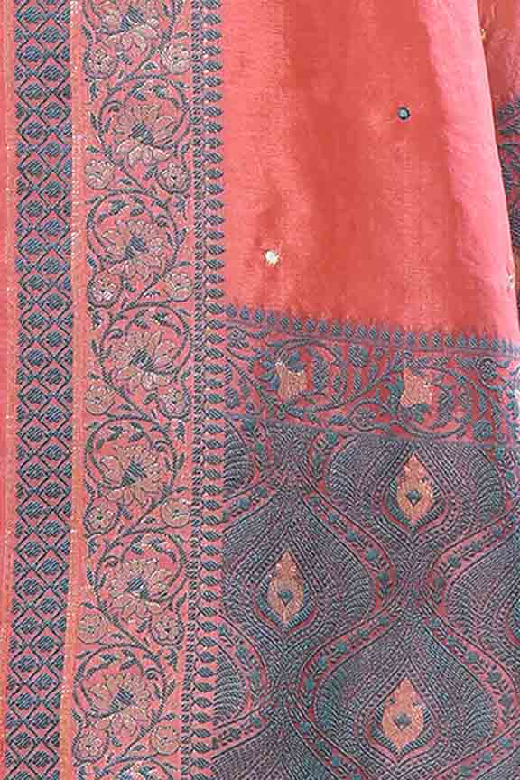 Banarasi soft silk saree with mirror work and dark blue and gold zari woven border and pallu- Dark Peach