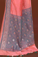 Banarasi soft silk saree with mirror work and dark blue and gold zari woven border and pallu- Dark Peach