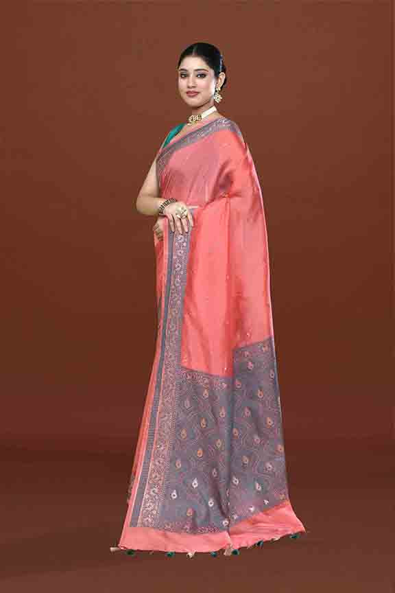 Banarasi soft silk saree with mirror work and dark blue and gold zari woven border and pallu- Dark Peach