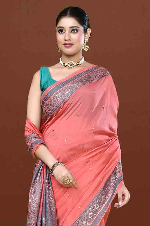 Banarasi soft silk saree with mirror work and dark blue and gold zari woven border and pallu- Dark Peach