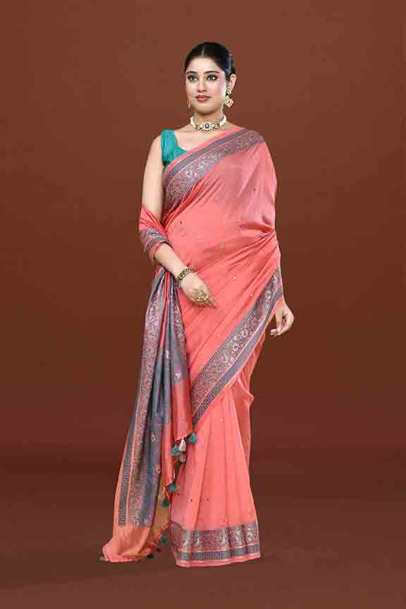 Banarasi soft silk saree with mirror work and dark blue and gold zari woven border and pallu- Dark Peach