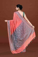 Banarasi soft silk saree with mirror work and dark blue and gold zari woven border and pallu- Dark Peach