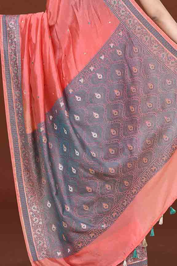 Banarasi soft silk saree with mirror work and dark blue and gold zari woven border and pallu- Dark Peach