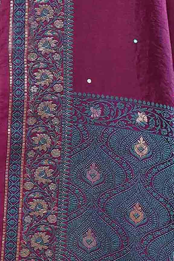 Banarasi soft silk saree with mirror work and dark blue and gold zari woven border and pallu- Purple