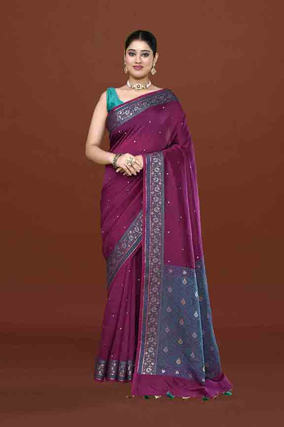 Banarasi soft silk saree with mirror work and dark blue and gold zari woven border and pallu- Purple