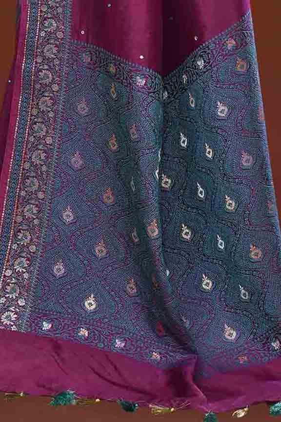 Banarasi soft silk saree with mirror work and dark blue and gold zari woven border and pallu- Purple