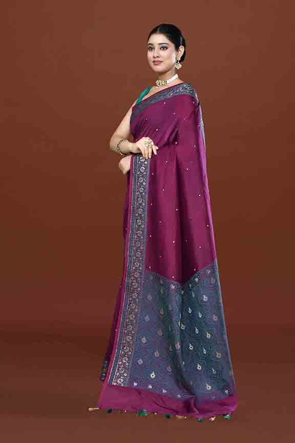 Banarasi soft silk saree with mirror work and dark blue and gold zari woven border and pallu- Purple