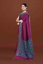 Banarasi soft silk saree with mirror work and dark blue and gold zari woven border and pallu- Purple