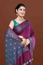 Banarasi soft silk saree with mirror work and dark blue and gold zari woven border and pallu- Purple