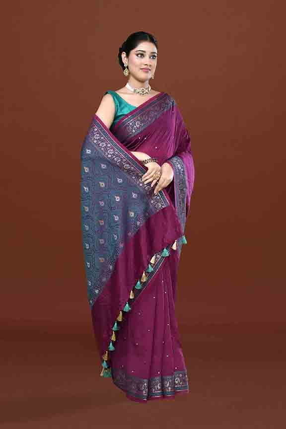 Banarasi soft silk saree with mirror work and dark blue and gold zari woven border and pallu- Purple