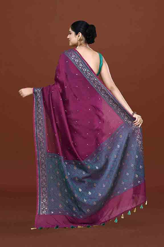 Banarasi soft silk saree with mirror work and dark blue and gold zari woven border and pallu- Purple