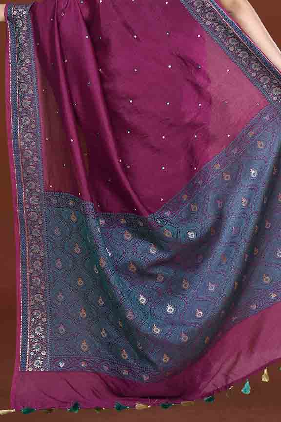 Banarasi soft silk saree with mirror work and dark blue and gold zari woven border and pallu- Purple
