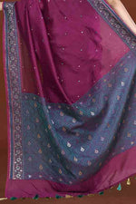 Banarasi soft silk saree with mirror work and dark blue and gold zari woven border and pallu- Purple