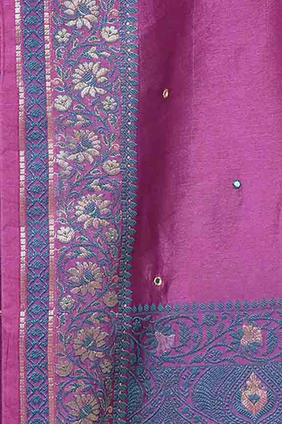 Banarasi soft silk saree with mirror work and dark blue and gold zari woven border and pallu- Magenta