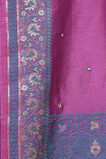 Banarasi soft silk saree with mirror work and dark blue and gold zari woven border and pallu- Magenta