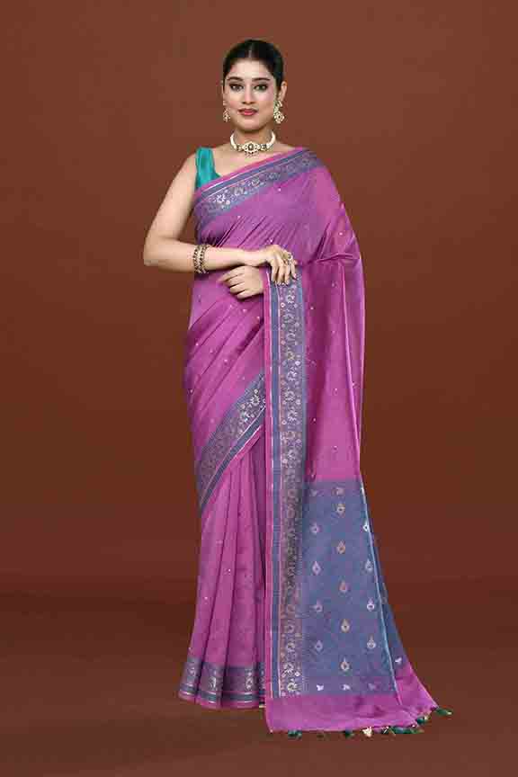 Banarasi soft silk saree with mirror work and dark blue and gold zari woven border and pallu- Magenta