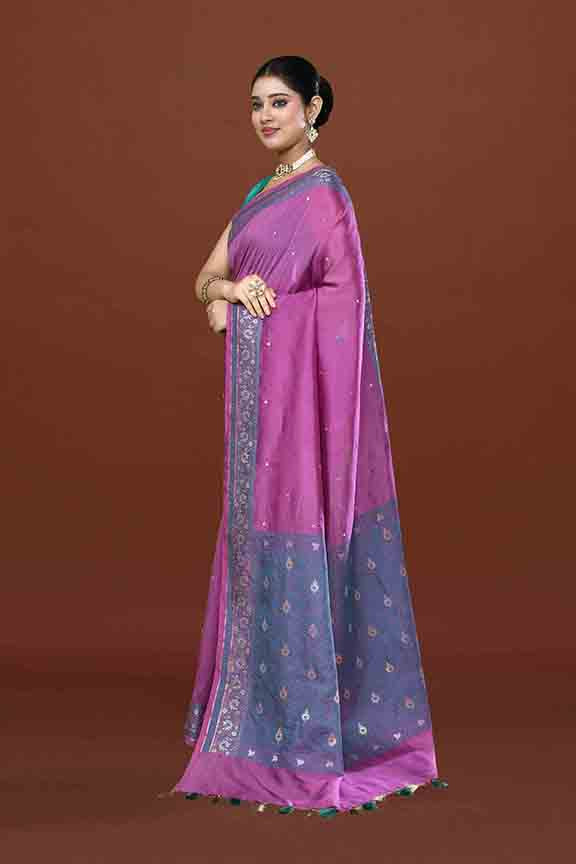 Banarasi soft silk saree with mirror work and dark blue and gold zari woven border and pallu- Magenta