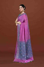 Banarasi soft silk saree with mirror work and dark blue and gold zari woven border and pallu- Magenta