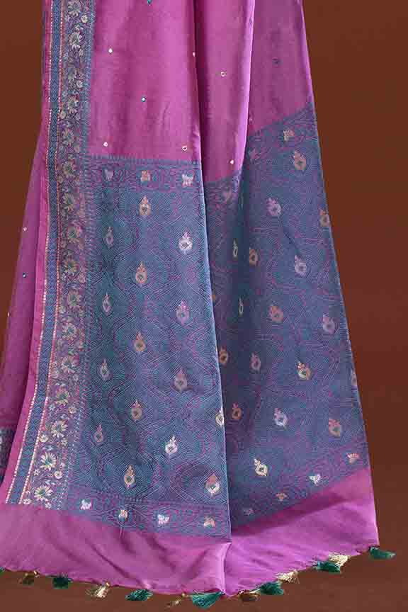 Banarasi soft silk saree with mirror work and dark blue and gold zari woven border and pallu- Magenta