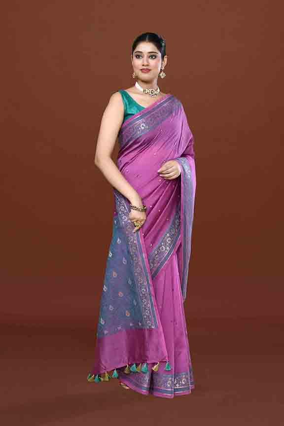 Banarasi soft silk saree with mirror work and dark blue and gold zari woven border and pallu- Magenta