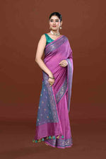 Banarasi soft silk saree with mirror work and dark blue and gold zari woven border and pallu- Magenta