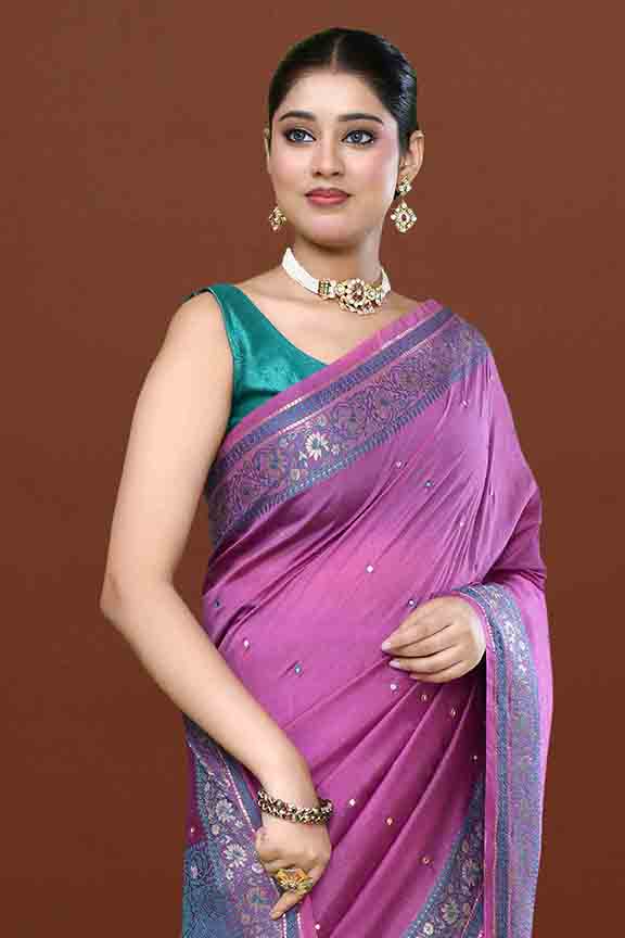 Banarasi soft silk saree with mirror work and dark blue and gold zari woven border and pallu- Magenta