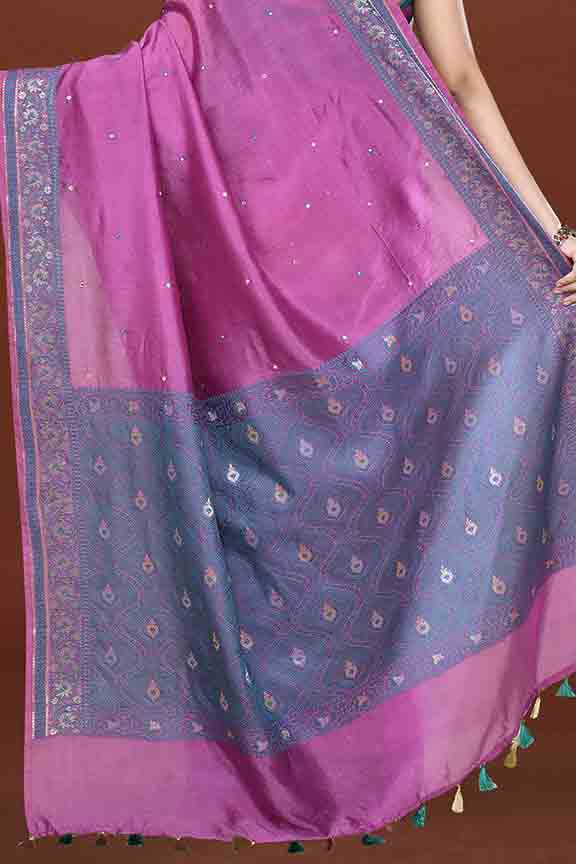 Banarasi soft silk saree with mirror work and dark blue and gold zari woven border and pallu- Magenta