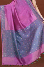 Banarasi soft silk saree with mirror work and dark blue and gold zari woven border and pallu- Magenta