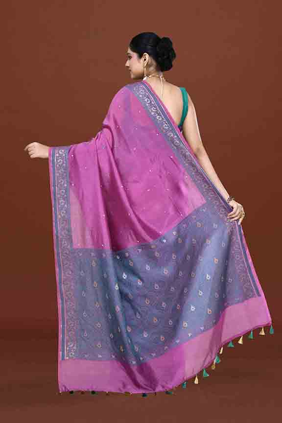 Banarasi soft silk saree with mirror work and dark blue and gold zari woven border and pallu- Magenta
