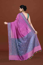 Banarasi soft silk saree with mirror work and dark blue and gold zari woven border and pallu- Magenta