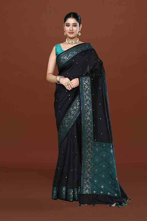 Banarasi soft silk saree with mirror work and dark blue and gold zari woven border and pallu- Black