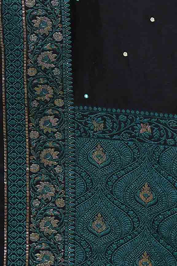 Banarasi soft silk saree with mirror work and dark blue and gold zari woven border and pallu- Black
