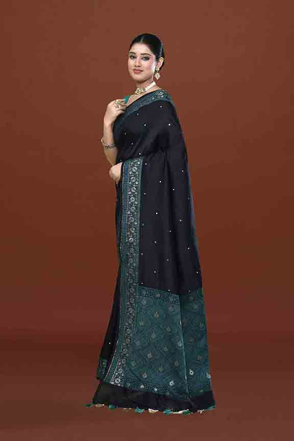 Banarasi soft silk saree with mirror work and dark blue and gold zari woven border and pallu- Black