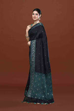 Banarasi soft silk saree with mirror work and dark blue and gold zari woven border and pallu- Black