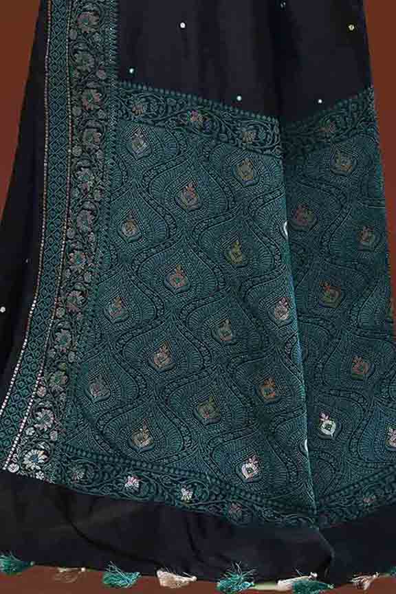 Banarasi soft silk saree with mirror work and dark blue and gold zari woven border and pallu- Black