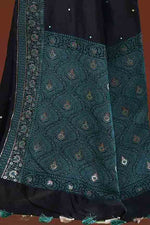 Banarasi soft silk saree with mirror work and dark blue and gold zari woven border and pallu- Black