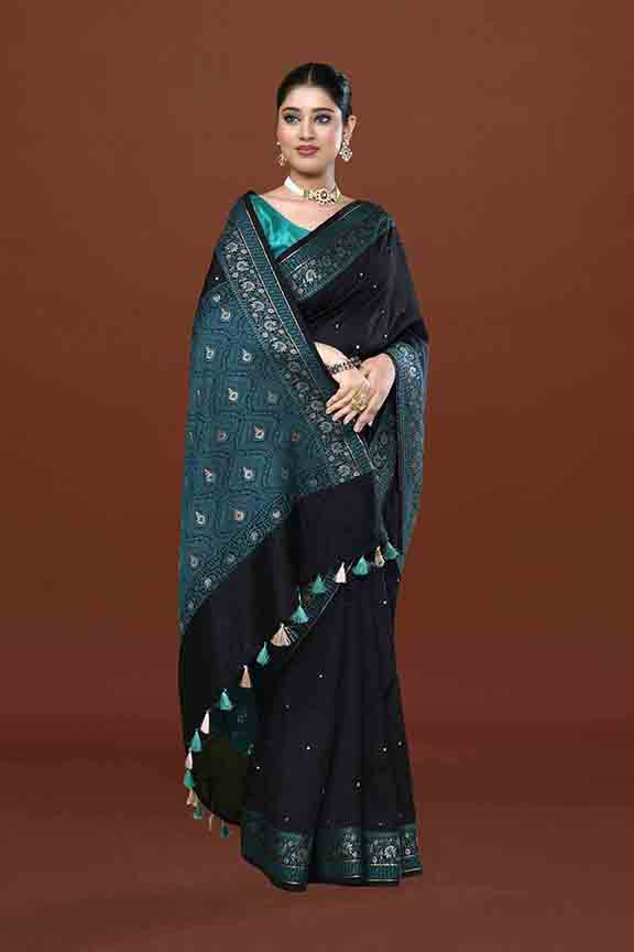 Banarasi soft silk saree with mirror work and dark blue and gold zari woven border and pallu- Black