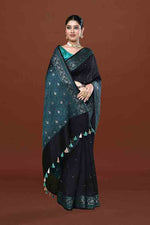 Banarasi soft silk saree with mirror work and dark blue and gold zari woven border and pallu- Black