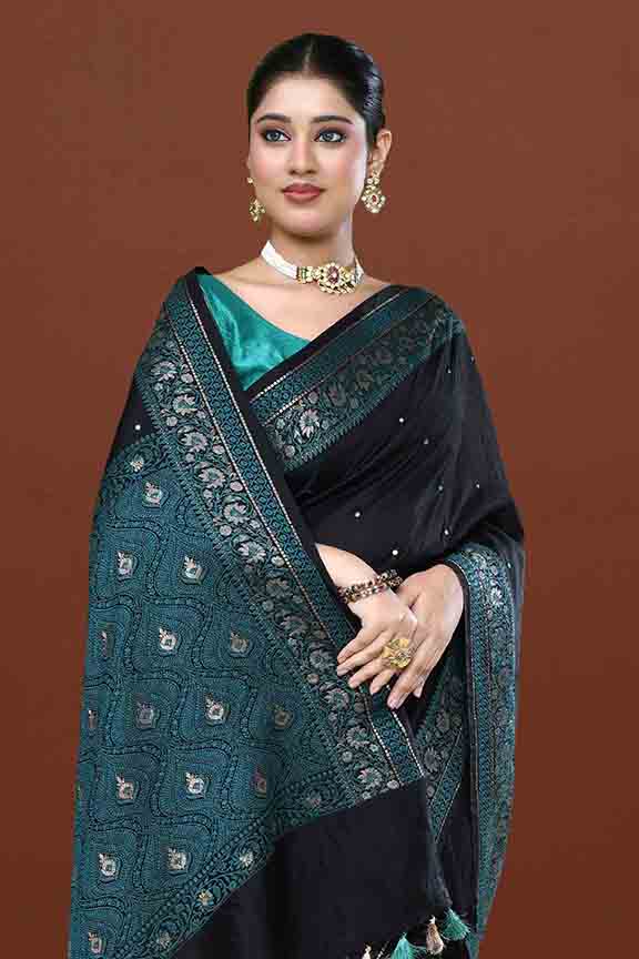 Banarasi soft silk saree with mirror work and dark blue and gold zari woven border and pallu- Black