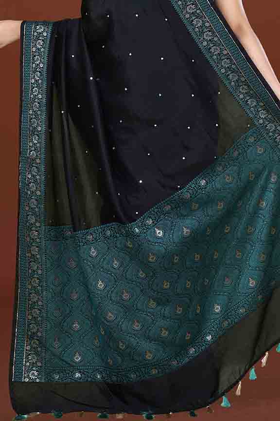 Banarasi soft silk saree with mirror work and dark blue and gold zari woven border and pallu- Black