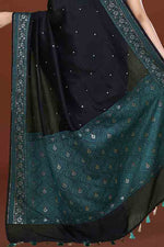 Banarasi soft silk saree with mirror work and dark blue and gold zari woven border and pallu- Black