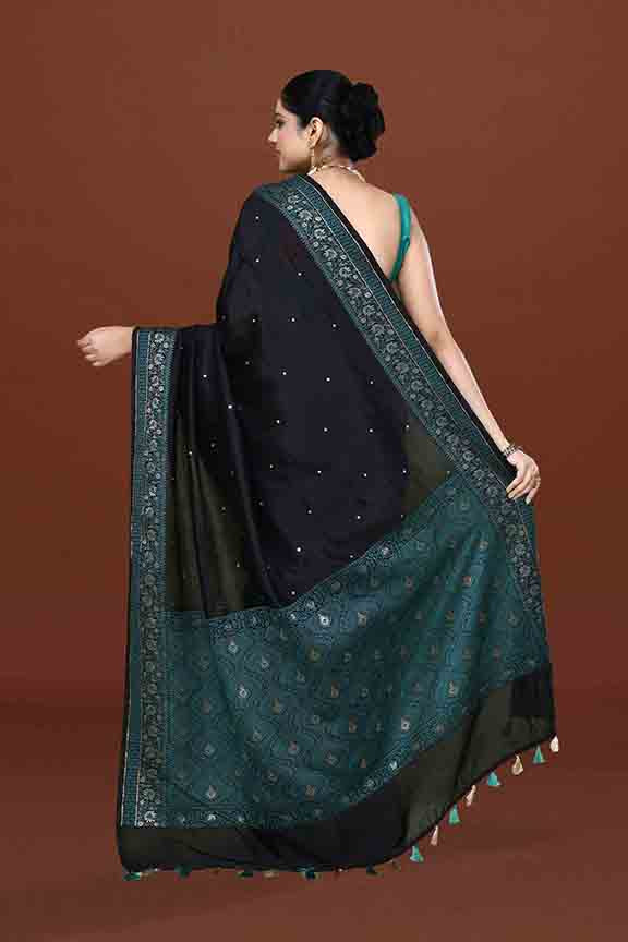 Banarasi soft silk saree with mirror work and dark blue and gold zari woven border and pallu- Black