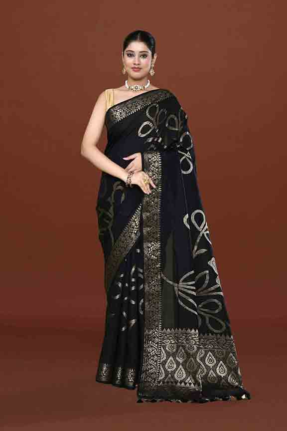 Banarasi soft silk saree with floral golden motifs weaving- Black