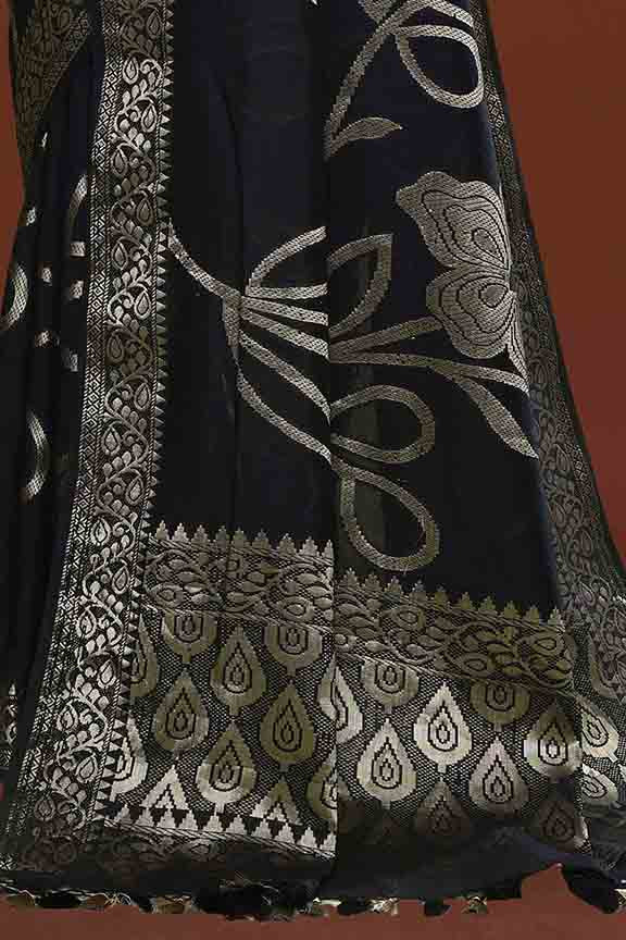 Banarasi soft silk saree with floral golden motifs weaving- Black