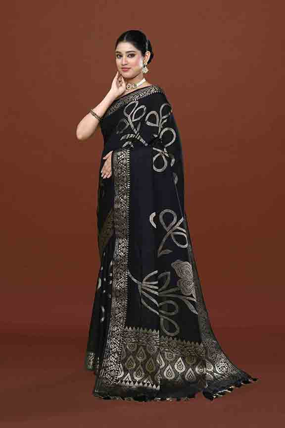 Banarasi soft silk saree with floral golden motifs weaving- Black