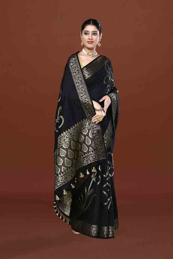 Banarasi soft silk saree with floral golden motifs weaving- Black
