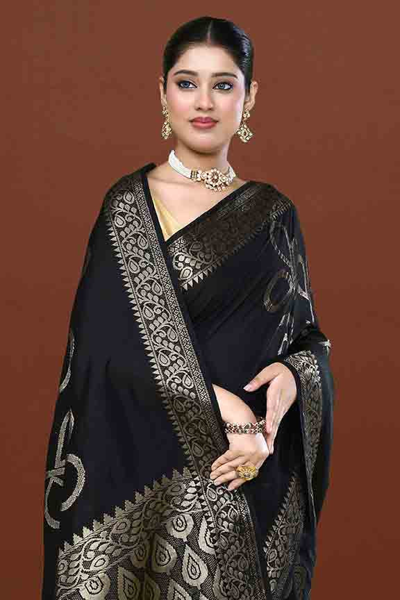 Banarasi soft silk saree with floral golden motifs weaving- Black